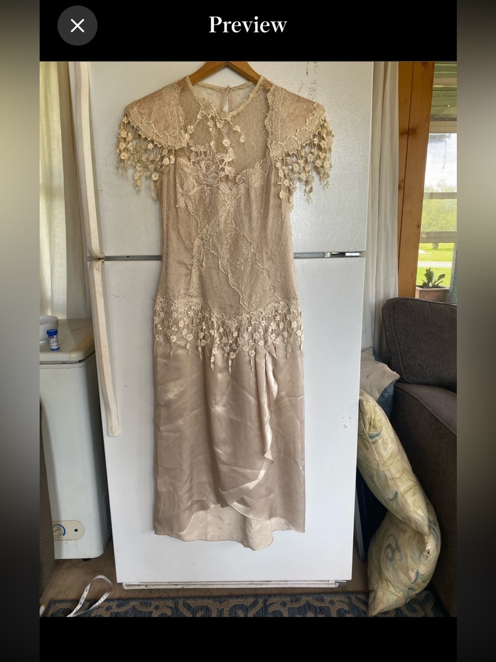 Lorie Kabala Vintage Ivory Lace and Satin Midi Dress. Size 12.